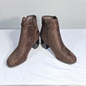 Women's 8.5 Burudani Brown Suede Chunky Heel Zip Ankle Boots/Booties